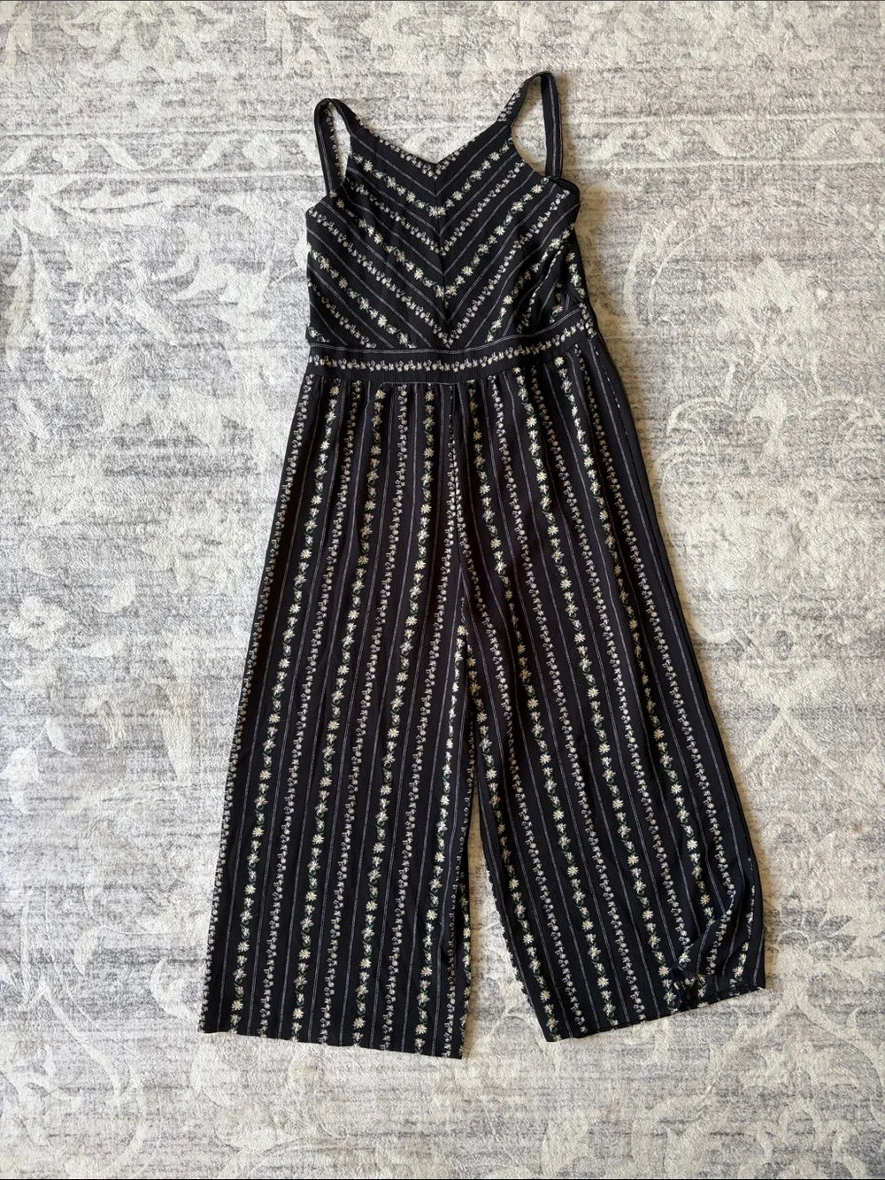 Girl’s Black Floral-Stripe Wide-Leg Jumpsuit and White Sweater